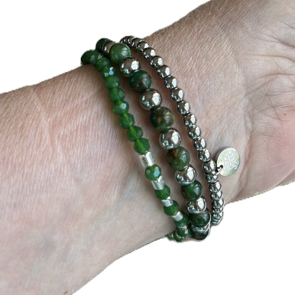 Rustic Cuff Stackable Stretch Bracelet Set Greens… - image 3